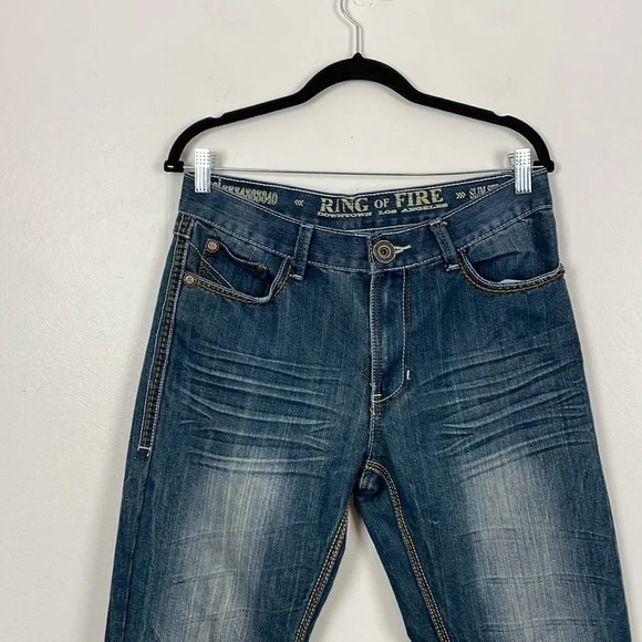 Ring Of Fire Slim Straight Jeans Mens 32/32 Blue Denim 5 Pocket Relaxed Pants - Picture 3 of 8